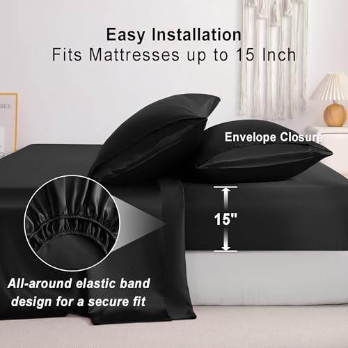 NTBAY Queen Satin Sheet Set, 4 Piece, Black - image 5