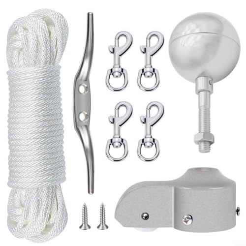 NiuLumea Kit de pièces de réparation de mât de drapeau, en alliage d'aluminium pour camion avec poulie en nylon, dessus sphérique de 7,6 cm, taquet en zinc, crochets pivotants et drisse de corde pour