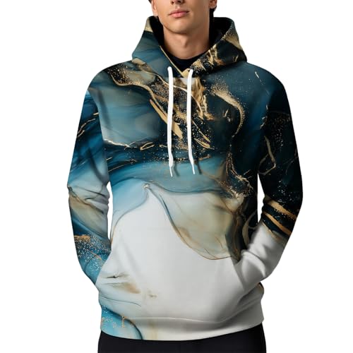 LOAIHA Men's Marble Print Hooded Sweatshirt Lightweight Terry Cloth Pullover Streetwear Modern Artistic Long Sleeve Top