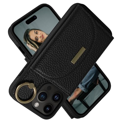 Keallce Case for iPhone 16 Pro Wallet Case, Flip Leather Case with Card Slots, Ring Holder Kickstand Protective Folio Phone Cover for Women Ladies, Black