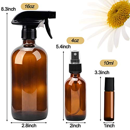 Glass Spray Bottle, Wedama Roller Bottles, Essential Oil Roller Bottles Kits (2 x 16oz,4 x 4oz,24 x 10ml) with Accessories for Aromatherapy Facial Hydration Watering Flowers Hair Care -Amber
