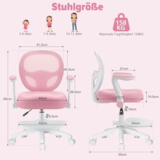 HOFFREE Sedia da scrivania per bambini, ergonomica, con bracciolo pieghevole e poggiapiedi, girevole, adatta per ragazze e ragazzi, a rete, per camera da letto, libri, rosa