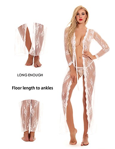 cunlin Women Sexy See Through Lace Gown Kimono Cover Up Sleepwear Set Plus Size Dress Maternity Pregnant Robe White M - Thumbnail 5