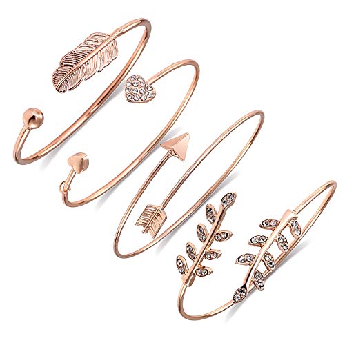 Preisvergleich Produktbild 4Stück Damen Armband Rosegold Modeschmuck Set für Frauen Mädchen,Verstellbare Manschette Armbänder offenen Draht Armreif Stapelbar Wrap Armkettchen Set Geschenk für Weihnachten Valentinstag Geburtstag