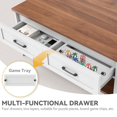 DWVO Farmhouse Living Room Coffee Table: 3-in-1 Game & Puzzle Table with Play Mat, 4 Drawers, Power Outlet, Removable Top Walnut