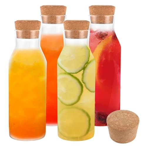 YAYODS Lot de 4 Carafe en Verre avec Bouchon en Liège 1,2L, Pichet en Verre Borosilicate pour Mimosa Bar, Jus, Bouteille d'Eau Élégante pour Réception,...