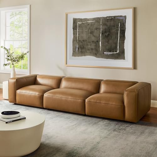 Image of Modway Auren Vegan Leather 3 Piece Modular Sofa in Camel - Faux Leather 3 Seater Couch - Comfy Mid Century Modern PU Leather Sofa for Living Room, Apartment, Loft