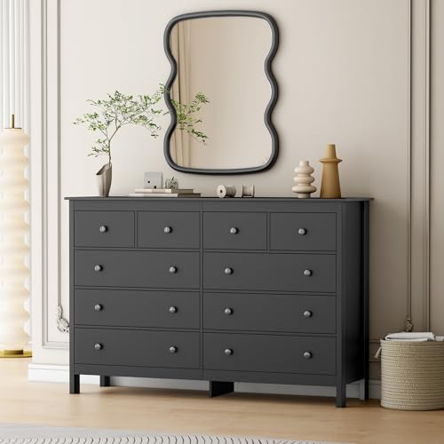 Image of wanan Black 10 Drawer Dresser, 55" Modern Wooden Dressers Chests of Drawer, 10 Drawers Wide Dresser for Bedroom