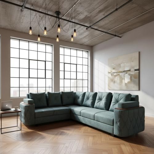 Image of APRODZ Wooden Sofa Set 6 Seater for Living Room, Solid Wood L Shape Sectional Sofa with Velvet Fabric Upholstery, Cushioned Seating for Home, Office & Lounge, Smoky Teal