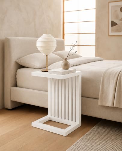 Image of Solid Sheesham Wood C Shape Side Table for Living Room | Modern Sofa End Table | Wooden Laptop Table for Bed | Coffee & Snack Table | Bedside End Table | White Brown Finish