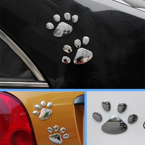 AEIOPRS 8 Pcs 3D Chrom Hund Pfote Fußabdruck Auto Aufkleber Autozubehör Pfotenabdruck Auto Emblem Aufkleber Dekoration Abzeichen Silber