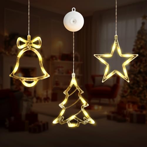 3 Pcs Christmas Window Lights - Battery Powered Christmas Decor with Suction Cups, Warm LED Lights for Indoor/Outdoor, Party, Holiday Decorations(Tree & Star & Bell)