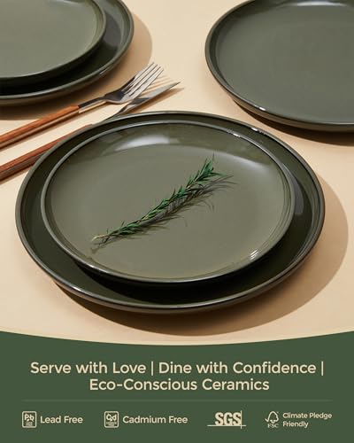 Image of Pokini 24 Piece Dinnerware Set for 8, Santorini Mist Terracotta Plates and Bowls Sets, Complete Stoneware Dish Set for Large Families and Entertaining, Microwave & Dishwasher Safe, Blackish Green