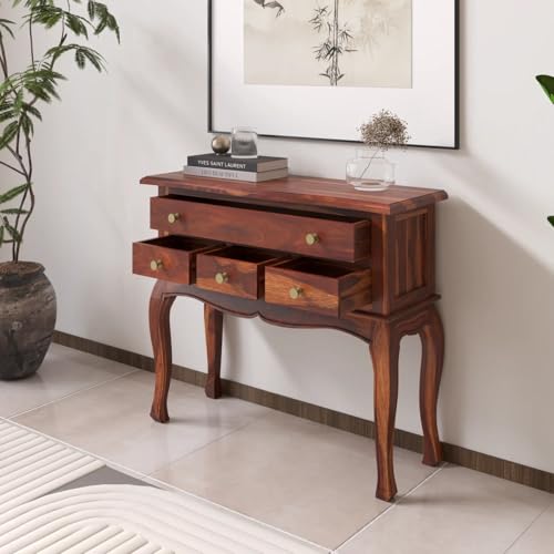 Image of WOODY Furniture Wooden Console Table for Living Room | Solid Wood Side Entrance Table for Home with 4 Drawers & Shelf Storage (Natural Finish)
