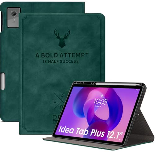 Image of Robustrion Cover for Lenovo Idea Tab Plus 12.1 inch Cover Case with [Pencil Holder], Deer Flip Cover Case for Lenovo Idea Tab Plus Tablet Cover [Auto Sleep Wake Support] - Dark Green