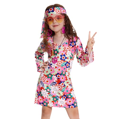 MRYUWB 70s Hippie Dress for Girls, 1970s Outfits Peace Sign Necklace Headband, 60s Themed Party Costumes for Kids 5-14 Years (Flower Power Pink, 5-6 Years)