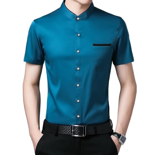 Chemise boutonnée manches courtes homme col montant couleur unie