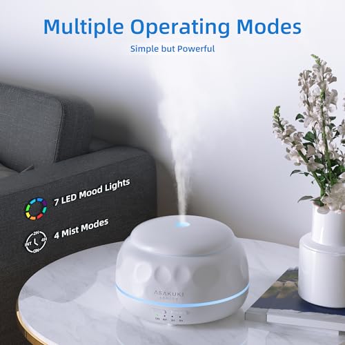 ASAKUKI 300ML Essential Oil Diffuser with 7-Color Light - Compact Aromatherapy Humidifier for Relaxation in Pure White