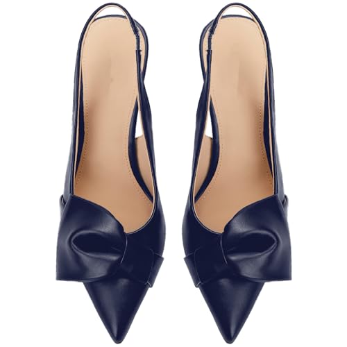 Image of Women's Slingback Heels with Bow Leather Pointed Toe Pumps with Elasticated Strap 3.3 inch High Heels Evening Comfy Dress Shoes Navy Blue Size 9.5