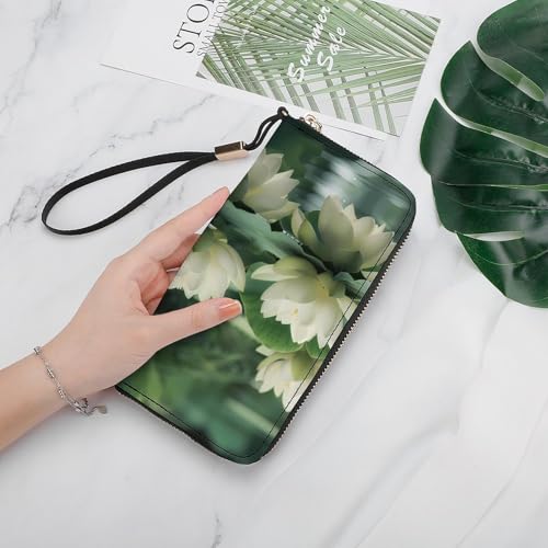 White Lotuses Flower Long Wallet PU Leather Clutch Purse Portable Credit Card Holder with Hand Strap4