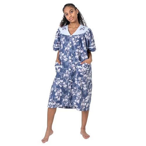 Image of Women's Short Sleeve Woven Snap-Front Closure Floral Embroidery Housecoat Duster Lounge Nightgown Robe with Front Pockets