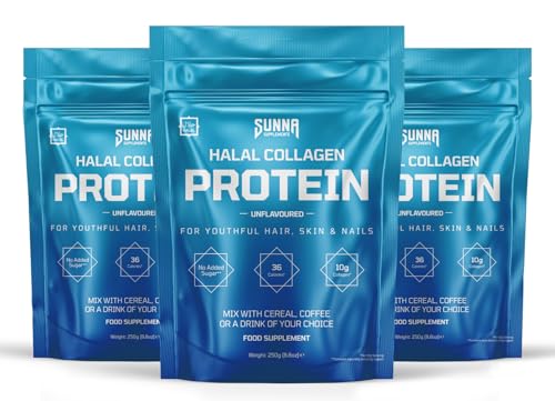 SUNNA SUPPLEMENTS - Pack of 3 Halal Bovine Collagen Protein Powder for Hair, Skin, Nails, and Joints. Type I & III Hydrolysed Premium Bovine Collagen Peptides for Women and Men.