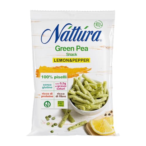 NATTURA Green Pea Snack 'Lemon and Pepper', Snack Senza Glutine a Base di Piselli al Gusto di Pepe e Limone, Prodotto Vegano Fonte di Proteine e di Fibre, Bassi Grassi Saturi, Confezione da 80 g