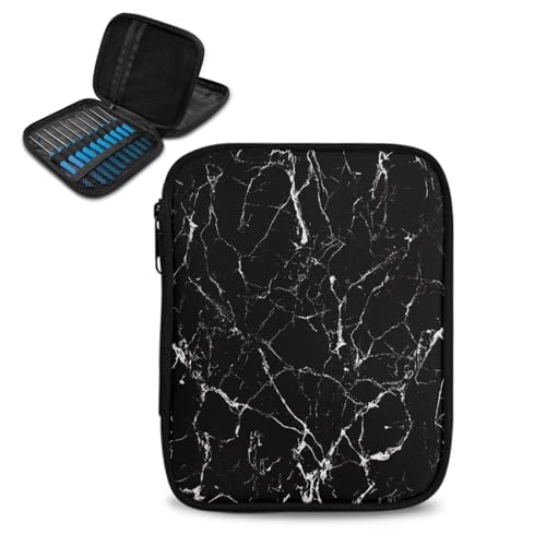 Image of Crochet Hook Case Black Marble Crochet Hook Holder Portable Crochet Hook Storage Bag with Web Pockets Suitable for Crochet Needles /Knitting Accessories