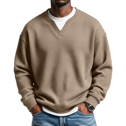 Mens Layered Comfort Waffle Shirt Long Sleeve V Neck Fake 2 Piece Shirts - image 1