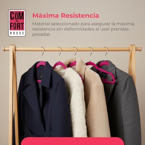 COM-FORT HOUSE- Perchas Terciopelo Antideslizantes- Pack 40 Unidades- Color Fucsia- Diseño Ultrafino Ahorra Espacio - Gancho Giratorio 360° - para Trajes, Vestidos, Camisas