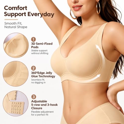Kifszeury Jelly Bras for Women Full Coverage Beige L Padded Everyday Bra - image 3