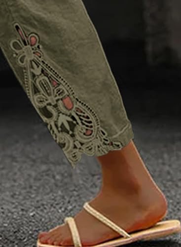 Women Casual Lightweight Drawstring Elastic Waist Cropped Linen Pants Fall Spring Slacks Capri Pants Trendy Fashion 2025 Beach Trousers with Pockets Green X-Large3