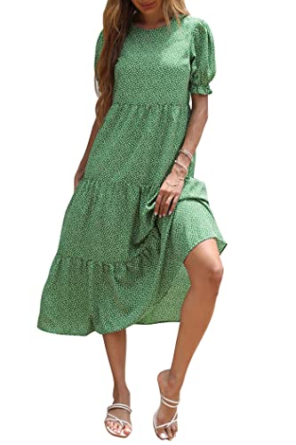 Image of PRETTYGARDEN Women's Summer Casual Floral Boho Dress Puff Short Sleeve Ruffle Flowy Beach Party Midi Dresses