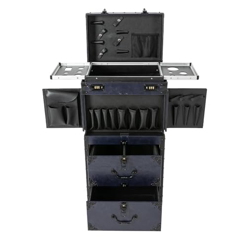 TITIDU Retro Blue Makeup Case Trolley with Combination Locks, 4 Universal Wheels & Large Capacity, PU & Metal Construction, for Hair Stylists, Makeup Artists, and Beauty Professionals