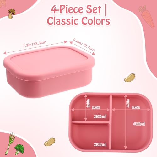 Image of Honeydak 4 Pcs Silicone Bento Box, 3 Compartment Lunch Food Container for Women Men, Leak Proof Microwave Easy to Clean Dishwasher Freezer Safe (Red)
