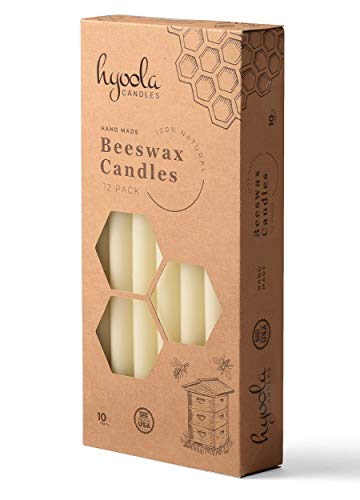 10" Beeswax Taper Candles 12 Pack - Handmade, All Natural, 100% Pure Unscented Bee Wax Candle - Tall, Decorative, White - 10 Hour Burn Time #TOP4