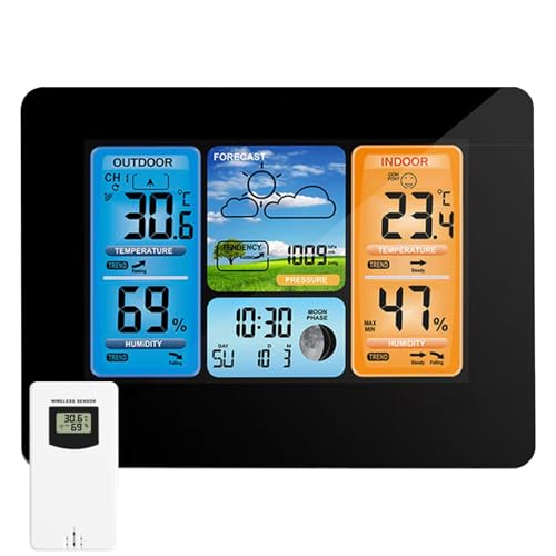 Station météo avec horloge numérique LCD couleur prévisions calendrier noir