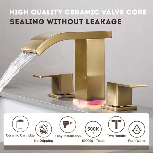 Brushed Gold Waterfall Bathroom faucets, 8 inch Widespread Modern Sink Faucet, Touch on 3 Hole 2 Handle Vanity,Gold Bathroom Sink Faucet with LED by Tai Doo - Used condition - Image 4