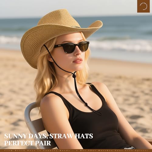 Image of Western Straw Cowboy Hat for Women Beach Sun Hat for Men Wide Brim Fedora Hat Cowgirl Hats Summer Panama Hat