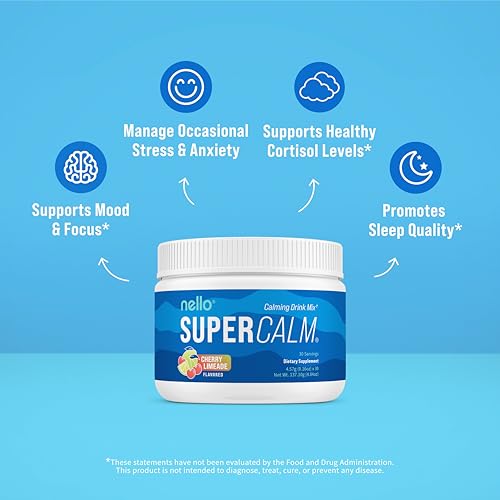 Image of Nello Supercalm Powdered Drink Mix Tub, Cortisol Reducer* and Sleep Aid Supplement, L Theanine, Ksm-66 Ashwagandha, Magnesium Glycinate, Vitamin D 3, No Sugar, Non GMO, 30 Ct, Cherry Limeade