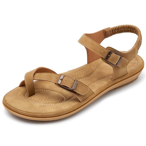 Image of Larwen Womens Casual Comfort Sandals: Cushioned Footbed & Slip-Resistant Outsole for All-Day Walking - Adjustable Buckle & Ankle Elastic Strap for Daily Life Fit - Active Women