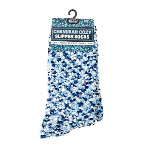 Image of Rite Lite Hanukkah Socks | Adult Crew Sock Size 8-12 Chanukah Blue & White Cozy Slipper Woven Yarn Socks Jewish Holiday Party Favors Accessories Decorations Gifts Festival of Lights (Blue Popcorn)