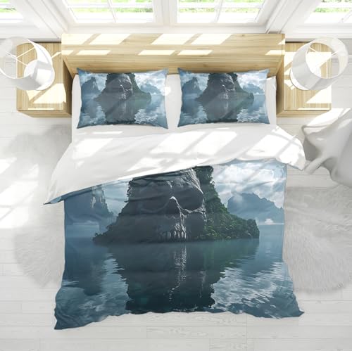 Funk Skull Mountain Print Juego de Fundas nórdicas con diseño de Cremallera Juego de Ropa de Cama de Paisaje Natural Moderno Todas Las Estaciones para la Decor Festiva navideña 240x220 cm