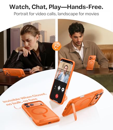 Image of TORRAS Strong Magnetic & Seamless Stand for iPhone 17 Pro Case, Neon Orange | Fit for MagSafe, Adjustable Kickstand, Shockproof Case for iPhone 17 Pro Phone Case with Kickstand, Slim, Translucent
