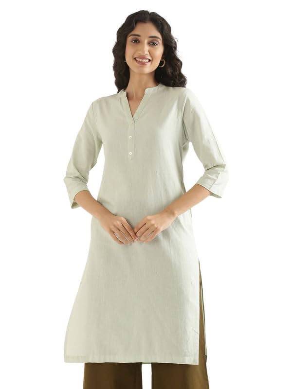 Image of SAADAA Women's Linen Straight Fit Straight Long Kurta Airy Plain Kurta, 3 /4 Sleeve, Knee Length Kurtis with Pockets, Casual and Office Wear