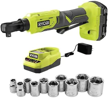 RYOBI ONE - Juego de trinquete de trinquete inalámbrico de 18 V de 38 pulgadas 4 posiciones y juego de llaves SAE de 10 piezas con batería de 20 Ah