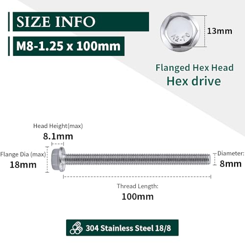 Image of M8-1.25 x 100mm Hex Flange Bolt (4 inch Thread Length), DIN6921, Serrated Locking Flange, 304 Stainless Steel, UNC Full Thread, 8-Pack