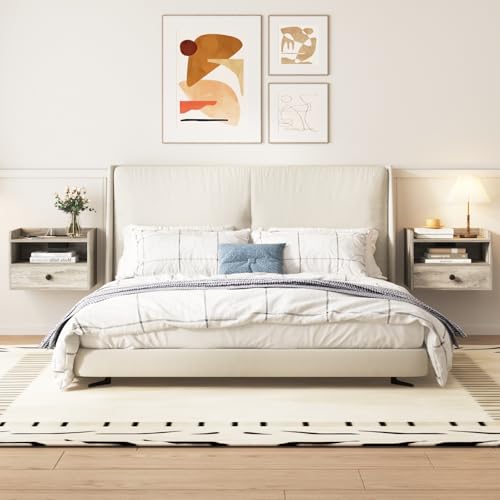 Hoseoka Grey Floating Nightstand Set Of 2 With Charging Station And Drawer Small Bedside End Table With Outlet Modern Floating Night Stand For Bedroom Wood Wall Mounted Nightstands Set 2 Grey thumb #2