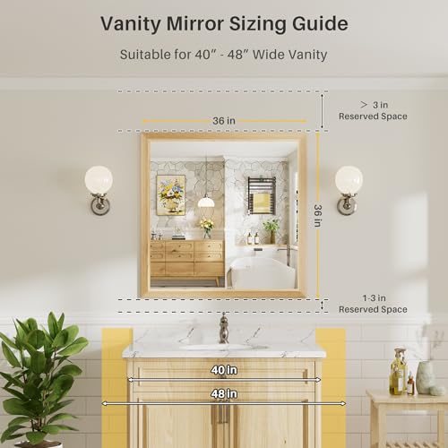 Image of 36x36 Inch Bathroom Mirror for Wall, Anti-Rust Oak Wood Grain Metal Framed Bathroom Mirrors for Over Sink,Rectangler Mirrors for Bathroom Vanity, Farmhouse, Bedroom, Living Room, Entryway Decor