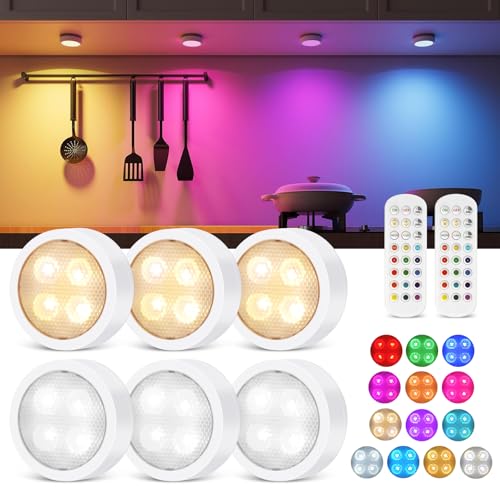 Luces LED, 6 Piezas Luz Nocturna, Luz LED Armario, Luces de Colores Regulables con Control Remoto para Estanterías, Alacenas, Vitrinas, Dormitorio, Cocina, Guardarropa, Escaparate, Funciona con Pilas